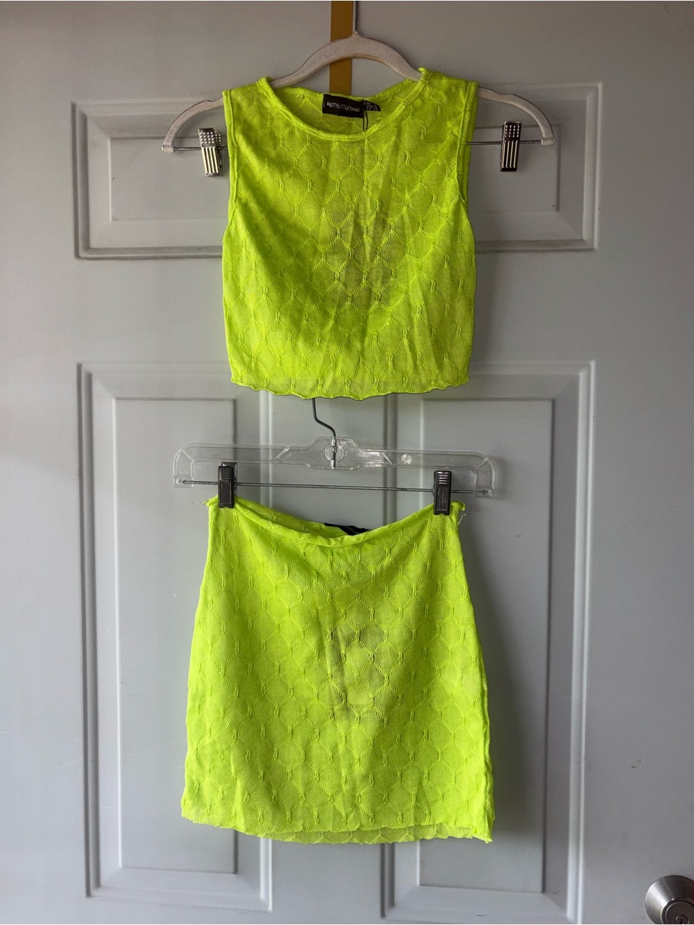 PrettyLittleThing neon green crop top + skirt set size 2